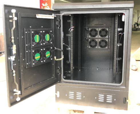 China 16U Black Outdoor Telecom Cabinet With Fan Cooling Front Air Inlet Back Air Outlet supplier
